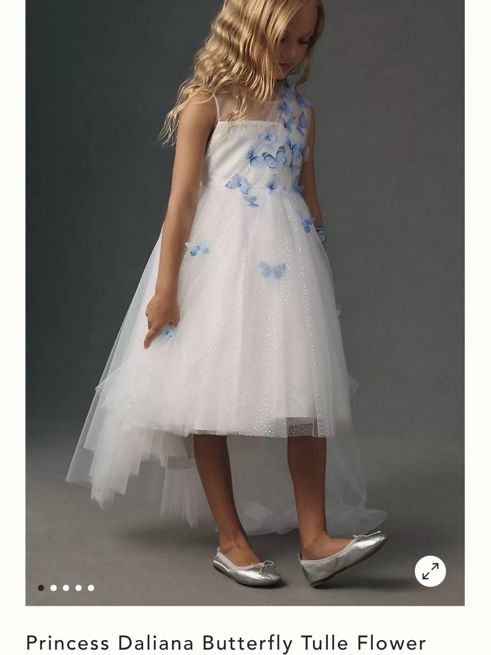 BHLDN White Tulle Flower Girl Dress with Blue Butterfly Accents